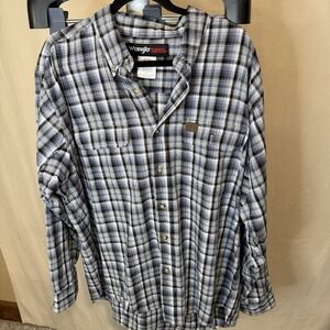 Wrangler Riggs Men's Workwear, Blue Plaid, XXL, Long Sleeve Button Up